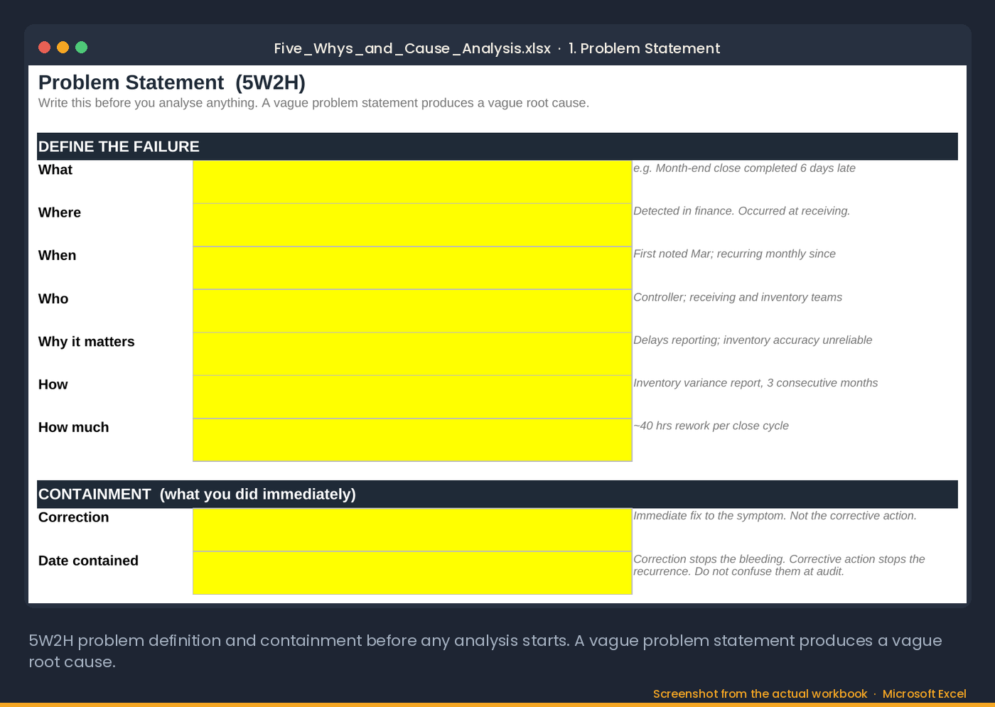 The Problem Statement tab, the first of the three tabs shared with the free 5 Whys worksheet