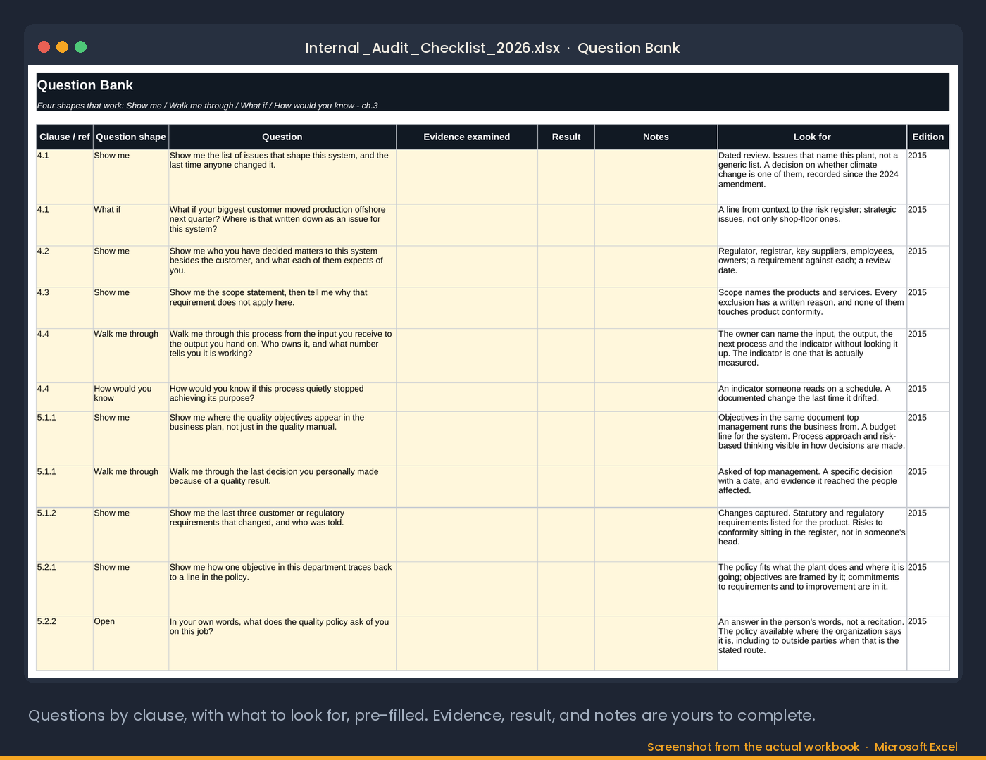 The Question Bank tab: questions by clause in the four shapes that get answers, with the evidence to request and what to look for