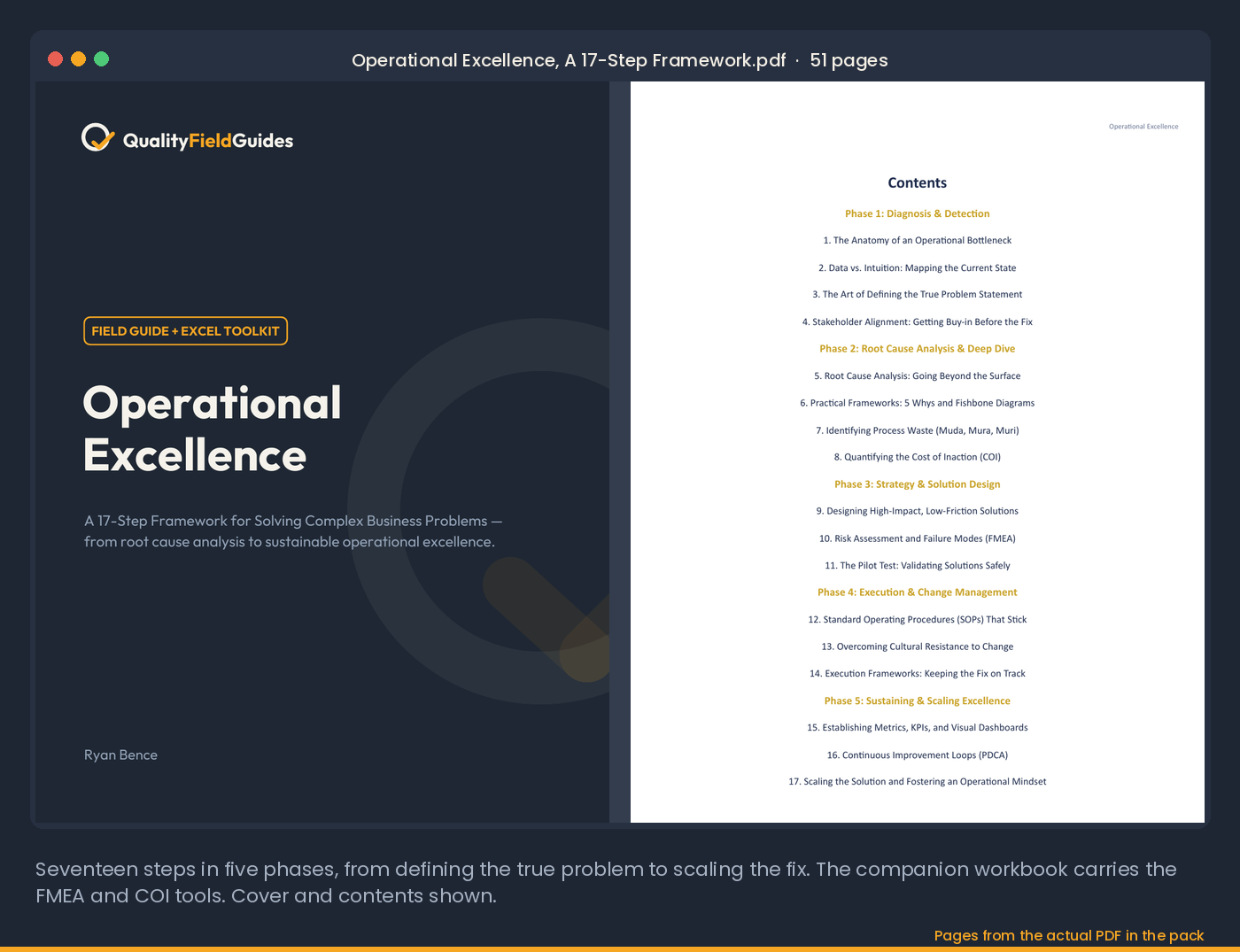 The Operational Excellence 17-Step Framework field guide, cover and contents