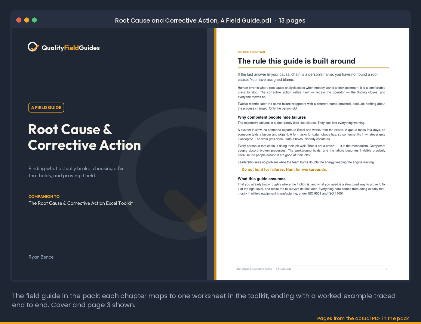 The Root Cause and Corrective Action field guide PDF in the pack, cover and page 3: each chapter maps to one worksheet, ending with a worked example
