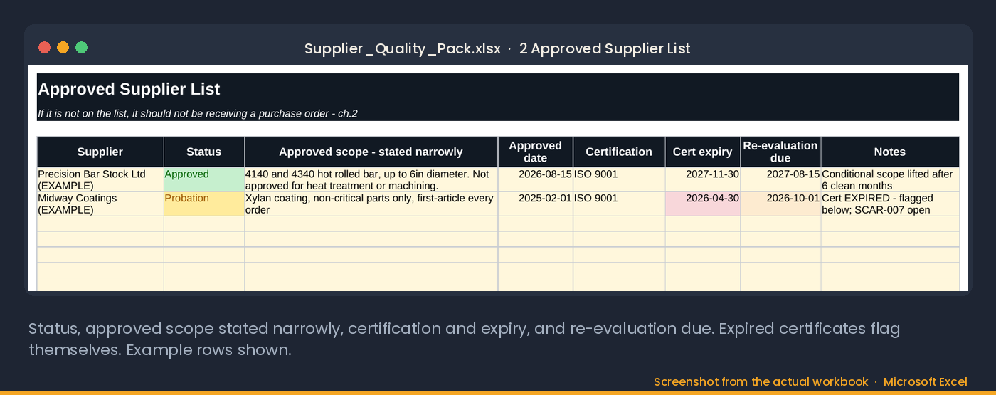 The Approved Supplier List tab: status, approved scope stated narrowly, certification and expiry, and re-evaluation due, with expired certificates flagged